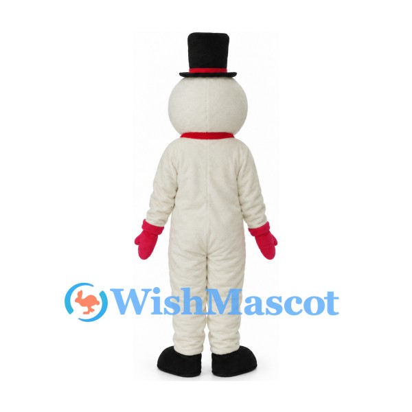 Snowman Mascot Costume with Black Top Hat and Red Scarf