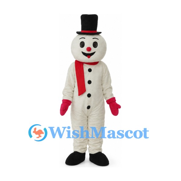 Snowman Mascot Costume with Black Top Hat and Red Scarf