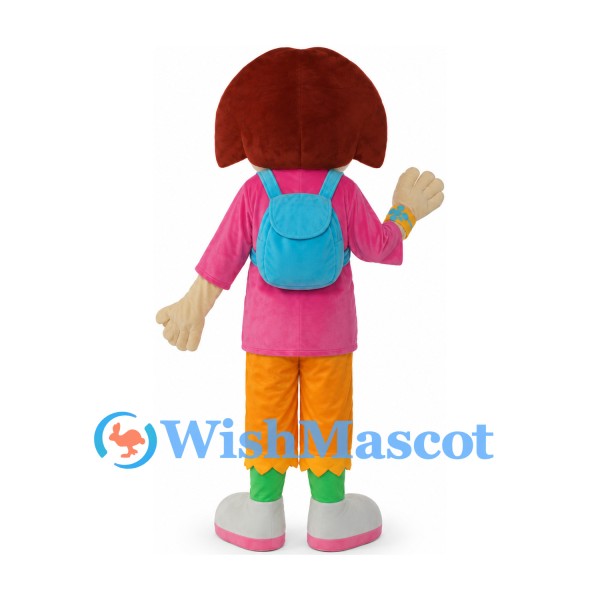 Girl Mascot Costume with Pink Tunic and Blue Backpack