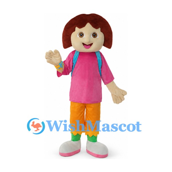 Girl Mascot Costume with Pink Tunic and Blue Backpack