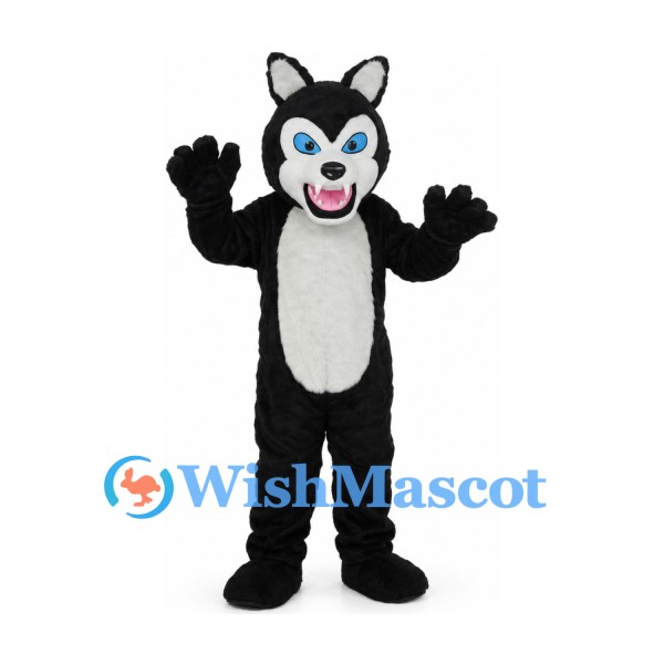 Husky Mascot Costume in Black and White with Blue Eyes