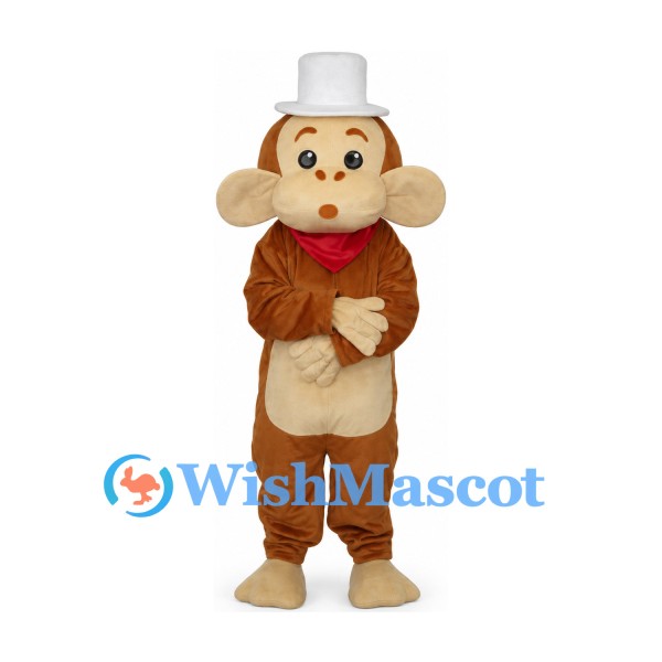 Monkey Mascot Costume with White Top Hat and Red Scarf