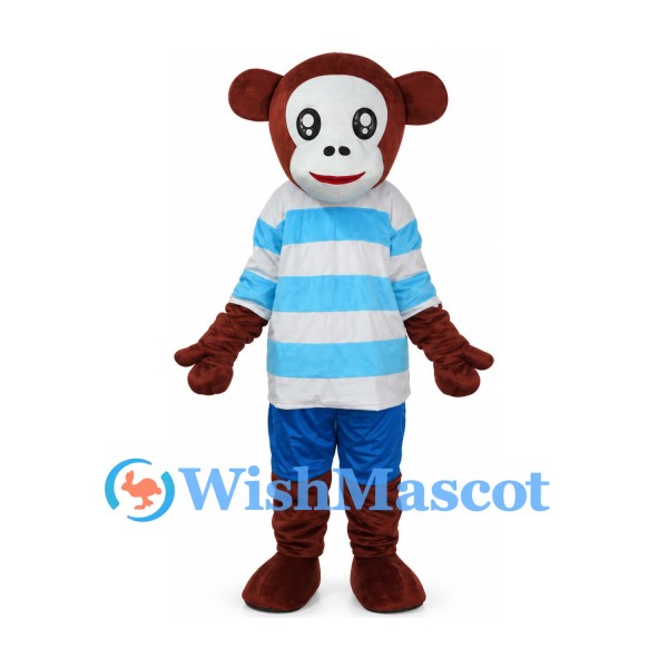 Monkey Mascot Costume with Blue Striped Shirt and Shorts