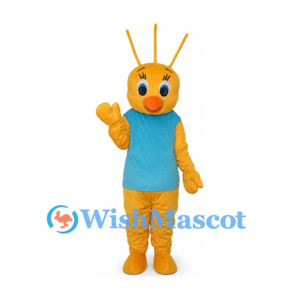 Insect Mascot Costume in Yellow with Blue Shirt and Long Antennae