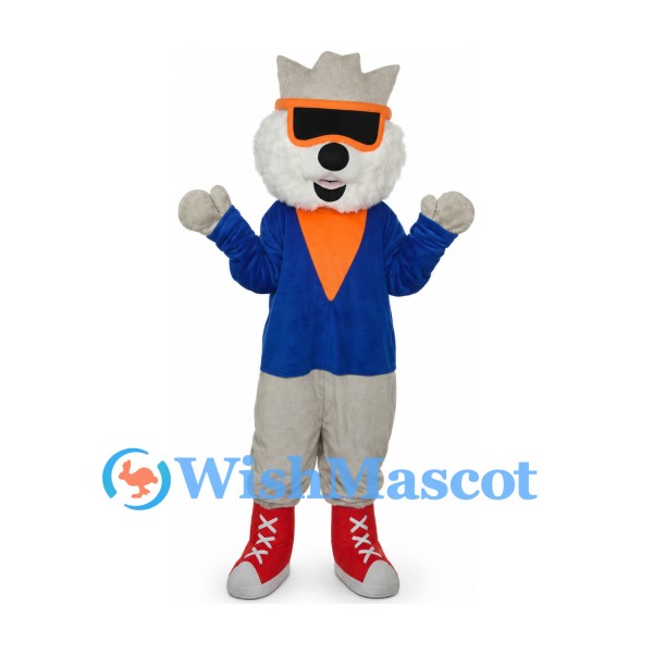 Wolf Mascot Costume with Blue Jacket and Orange Goggles