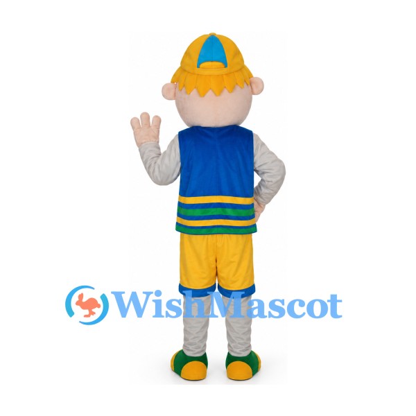 Boy Mascot Costume with Yellow Cap and Blue Vest