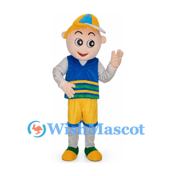 Boy Mascot Costume with Yellow Cap and Blue Vest