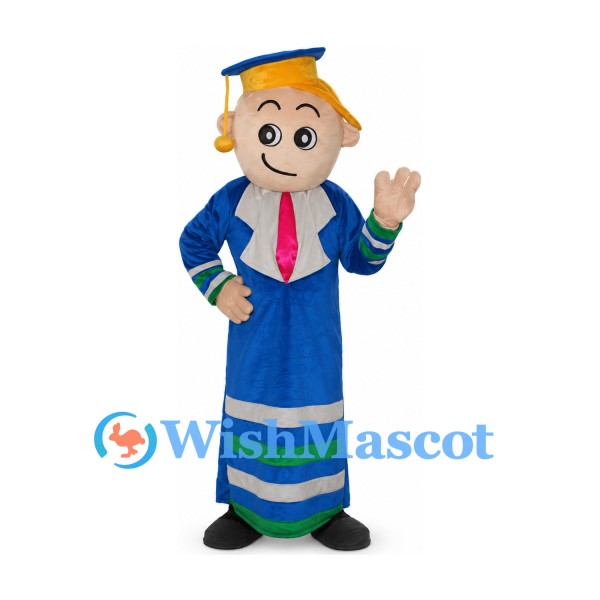 Graduate Mascot Costume with Blue Gown and Cap