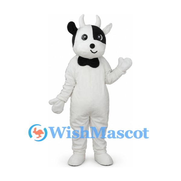 Cow Mascot Costume in White with Black Eye Patch and Bow Tie