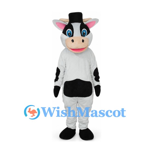 Cow Mascot Costume with Black Top Hat and Bow Tie