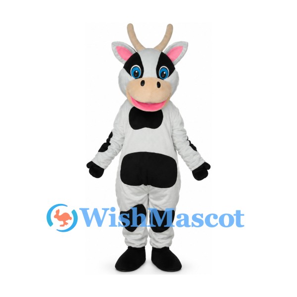 Cow Mascot Costume in White with Black Patches and Pink Bow