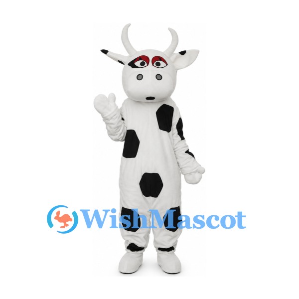 Cow Mascot Costume in White with Black Patches and Horns
