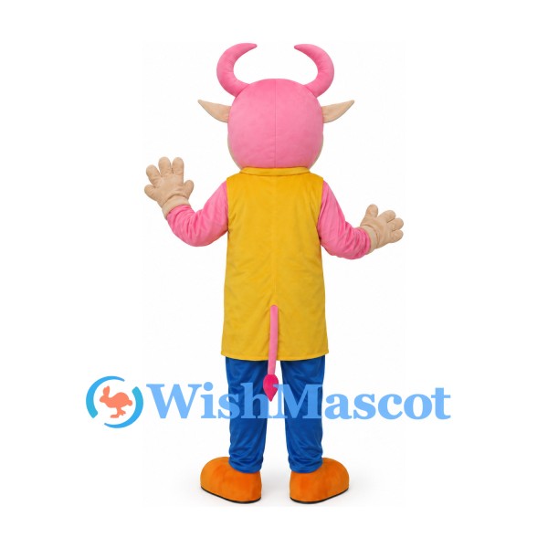 Cow Mascot Costume in Pink with Yellow Coat and Blue Pants