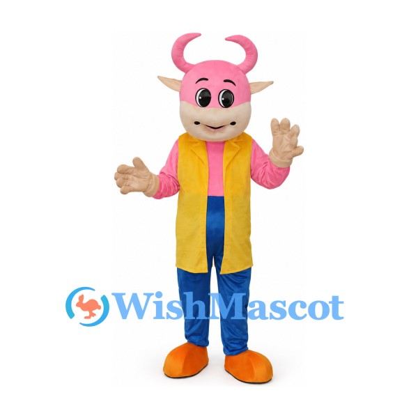 Cow Mascot Costume in Pink with Yellow Coat and Blue Pants