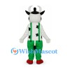 Cow Mascot Costume with Green Overalls and Black Hat