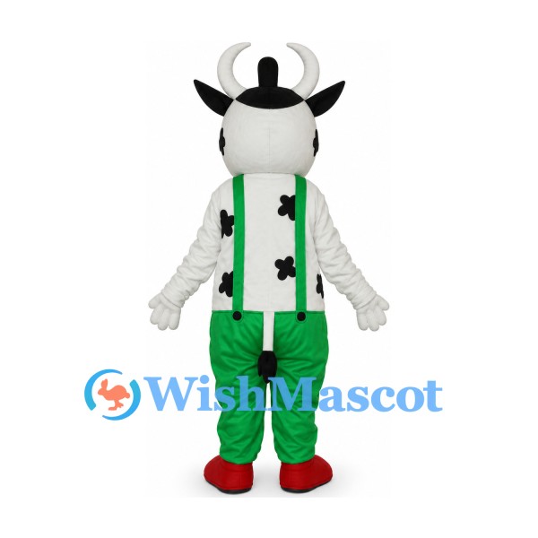 Cow Mascot Costume with Green Overalls and Black Hat