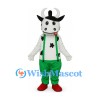 Cow Mascot Costume with Green Overalls and Black Hat