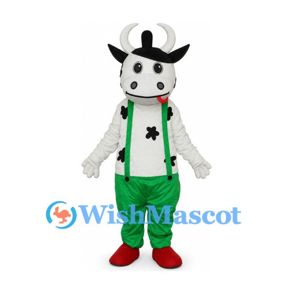 Cow Mascot Costume with Green Overalls and Black Hat