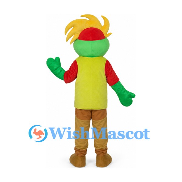 Frog Mascot Costume with Yellow Hair and Red Shirt