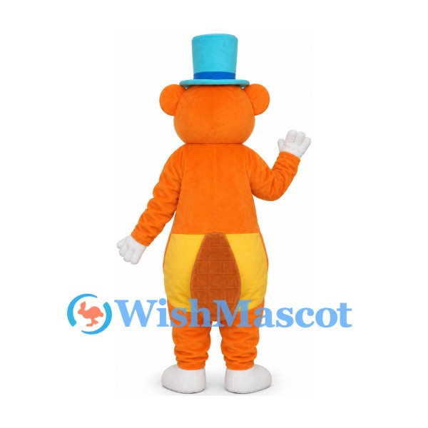 Bear Mascot Costume in Orange with Blue Top Hat and Neck Tie