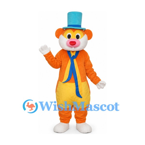 Bear Mascot Costume in Orange with Blue Top Hat and Neck Tie