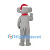 Mouse Mascot Costume in Gray with Santa Hat and Scarf