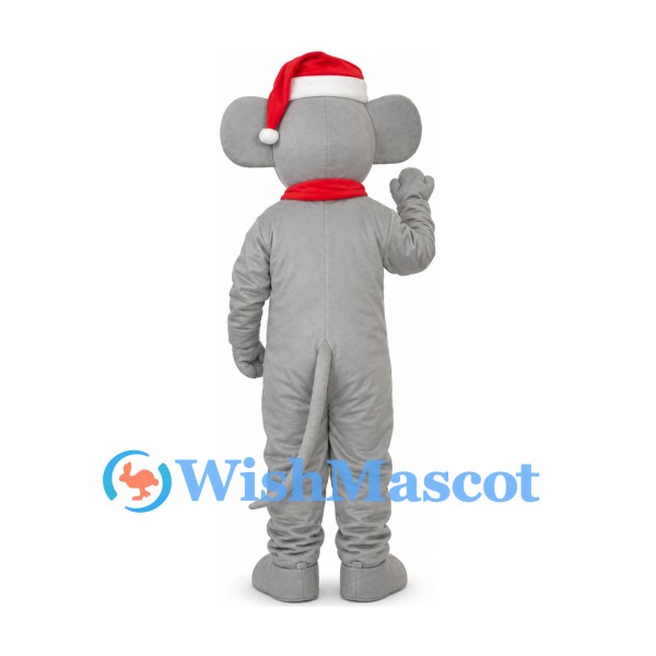 Mouse Mascot Costume in Gray with Santa Hat and Scarf