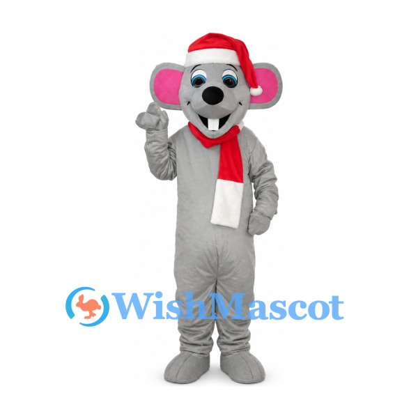 Mouse Mascot Costume in Gray with Santa Hat and Scarf