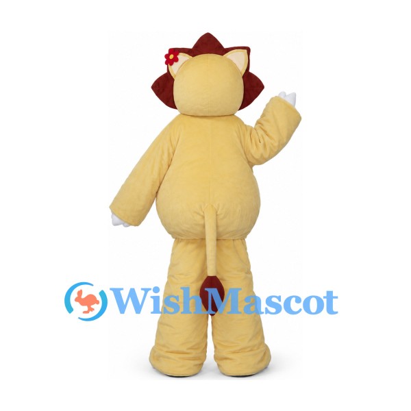Lion Mascot Costume in Cream with Burgundy Mane and Round Belly
