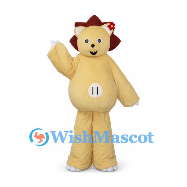 Lion Mascot Costume in Cream with Burgundy Mane and Round Belly