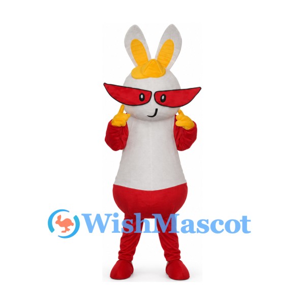 Rabbit Mascot Costume in White and Red with Sunglasses