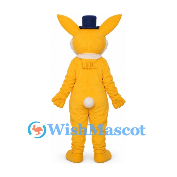 Rabbit Mascot Costume in Yellow with Blue Top Hat and Pink Scarf