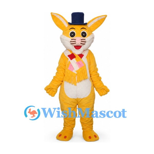 Rabbit Mascot Costume in Yellow with Blue Top Hat and Pink Scarf