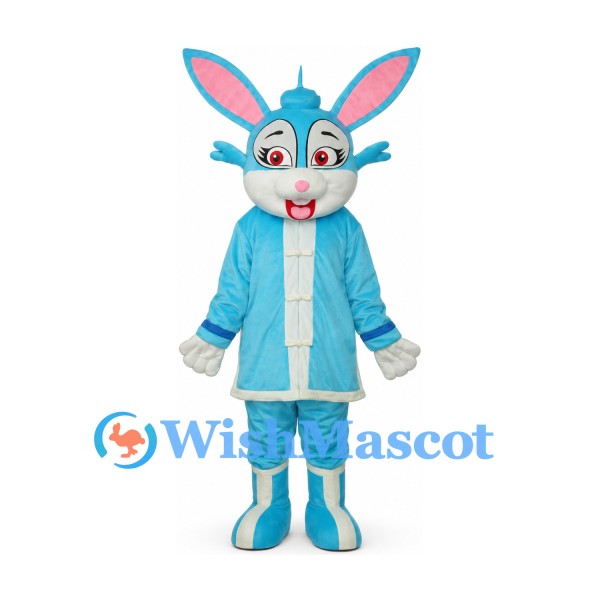 Rabbit Mascot Costume with Sky Blue Coat and White Trim