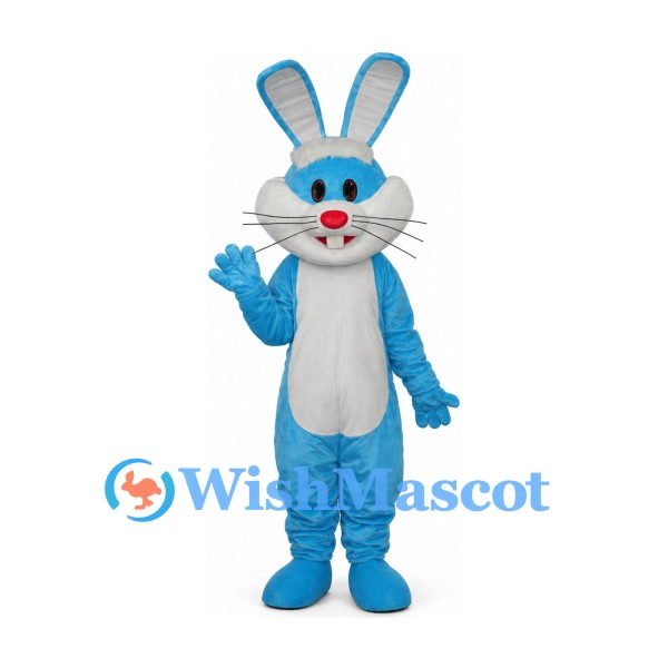 Rabbit Mascot Costume in Blue with White Belly and Red Nose