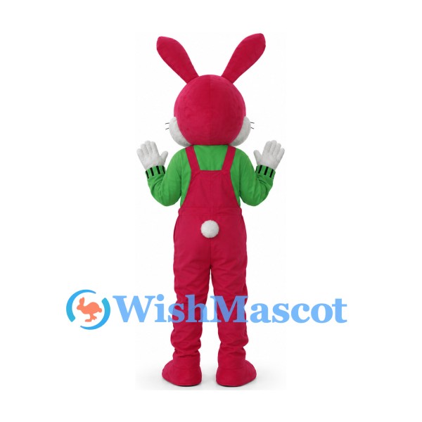 Rabbit Mascot Costume in Pink with Green Shirt and Overalls