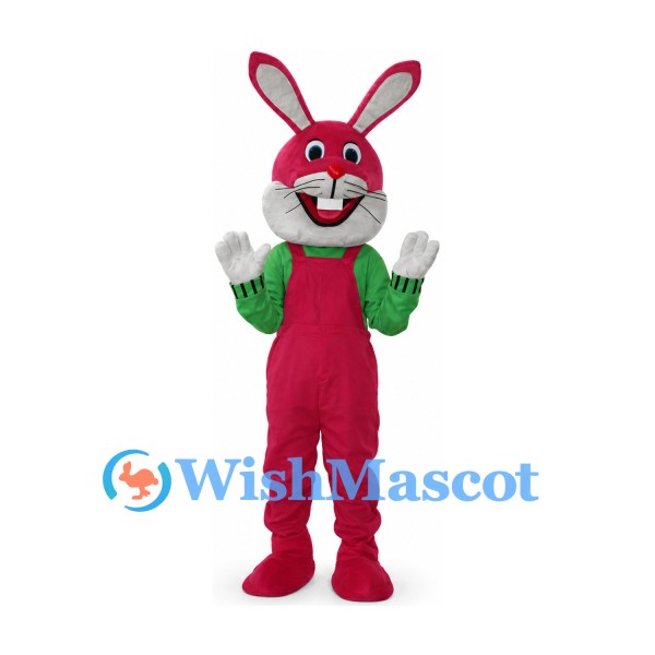 Rabbit Mascot Costume in Pink with Green Shirt and Overalls