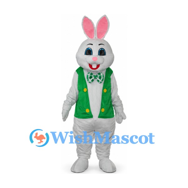 Rabbit Mascot Costume with Green Vest and Polka Dot Bow Tie