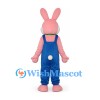 Rabbit Mascot Costume in Pink with Blue Overalls and Green Bow