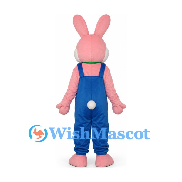 Rabbit Mascot Costume in Pink with Blue Overalls and Green Bow