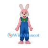 Rabbit Mascot Costume in Pink with Blue Overalls and Green Bow