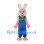 Rabbit Mascot Costume in Pink with Blue Overalls and Green Bow