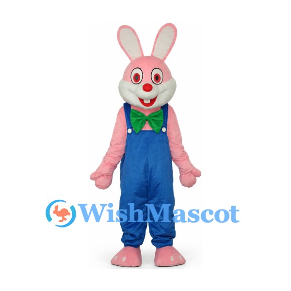 Rabbit Mascot Costume in Pink with Blue Overalls and Green Bow