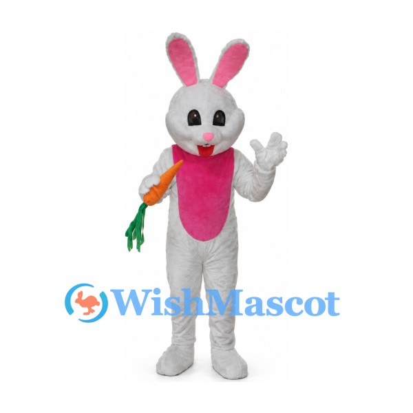 Rabbit Mascot Costume in White with Pink Belly and Carrot