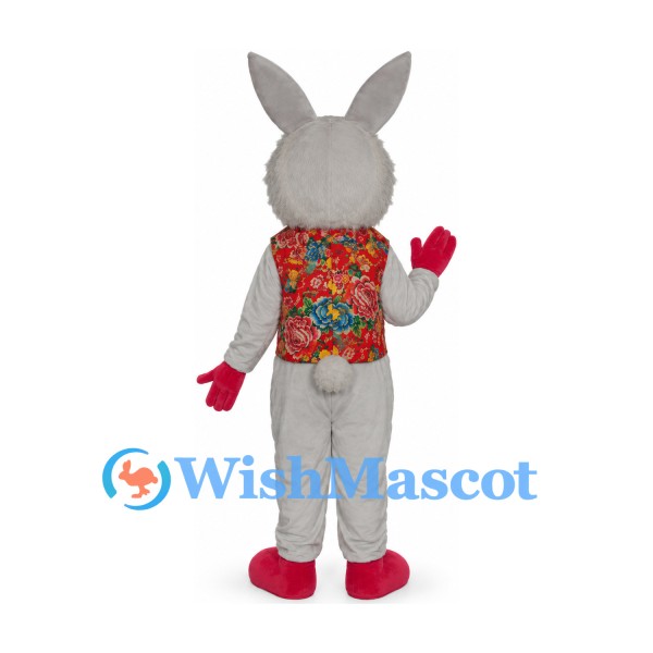 Rabbit Mascot Costume in Gray with Floral Vest and Pink Gloves