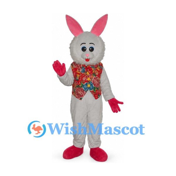 Rabbit Mascot Costume in Gray with Floral Vest and Pink Gloves