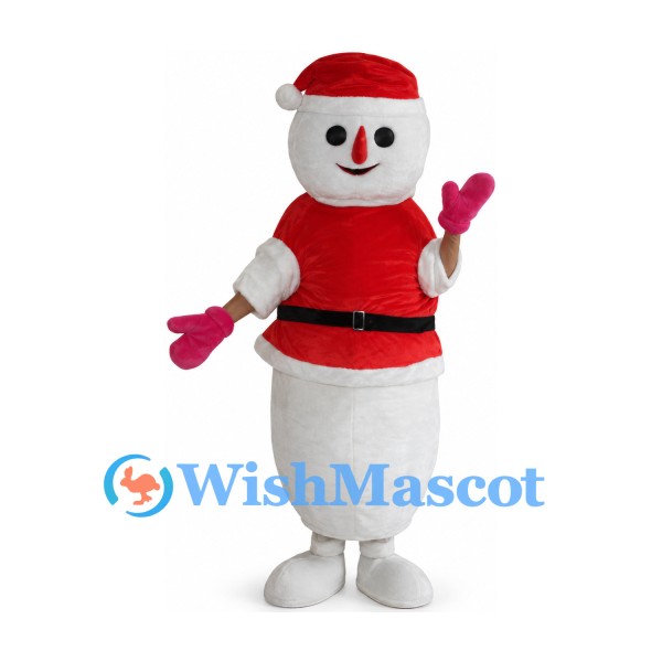 Snowman Mascot Costume with Red Santa Shirt and Hat