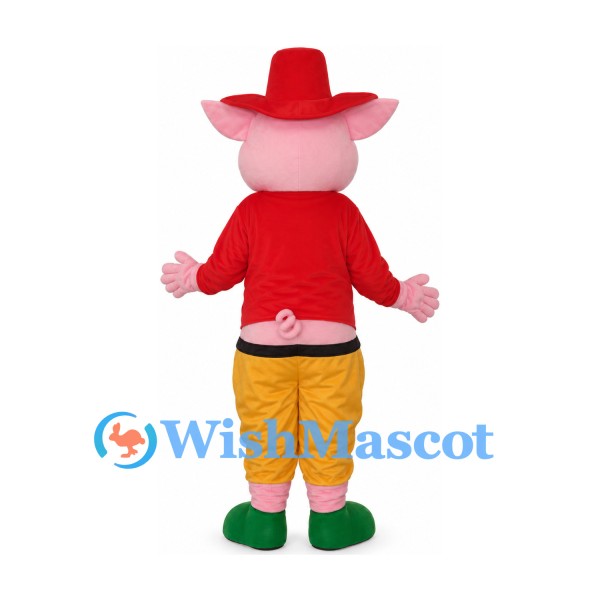 Pig Cowboy Mascot Costume with Red Hat and Yellow Pants