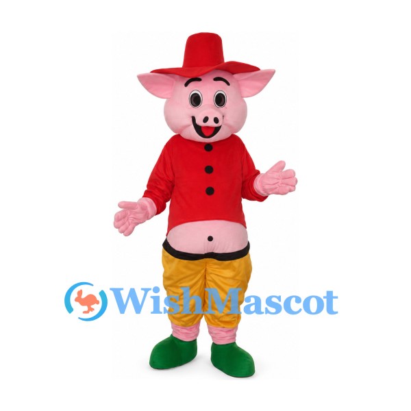 Pig Cowboy Mascot Costume with Red Hat and Yellow Pants