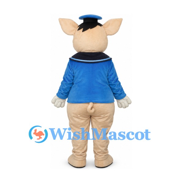 Pig Sailor Mascot Costume with Blue Shirt and Cap